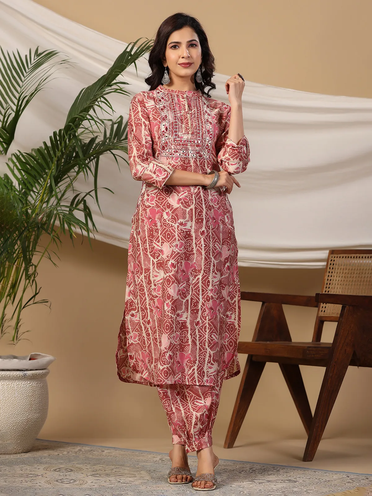 Onion pink printed cotton kurti with salwar