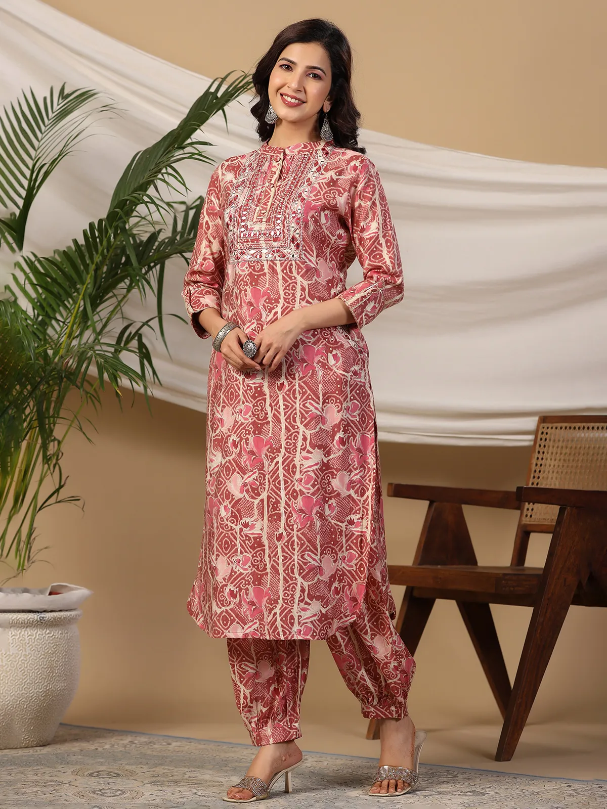 Onion pink printed cotton kurti with salwar