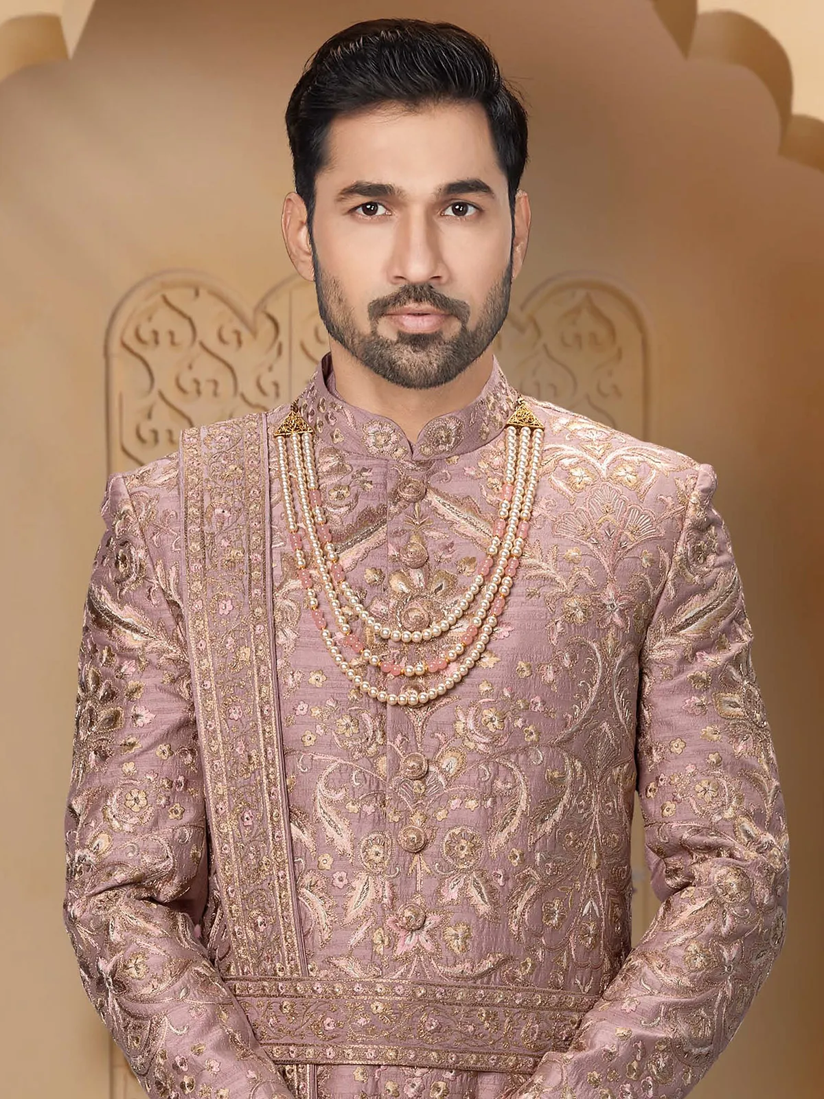 Onion pink raw silk wedding wear sherwani