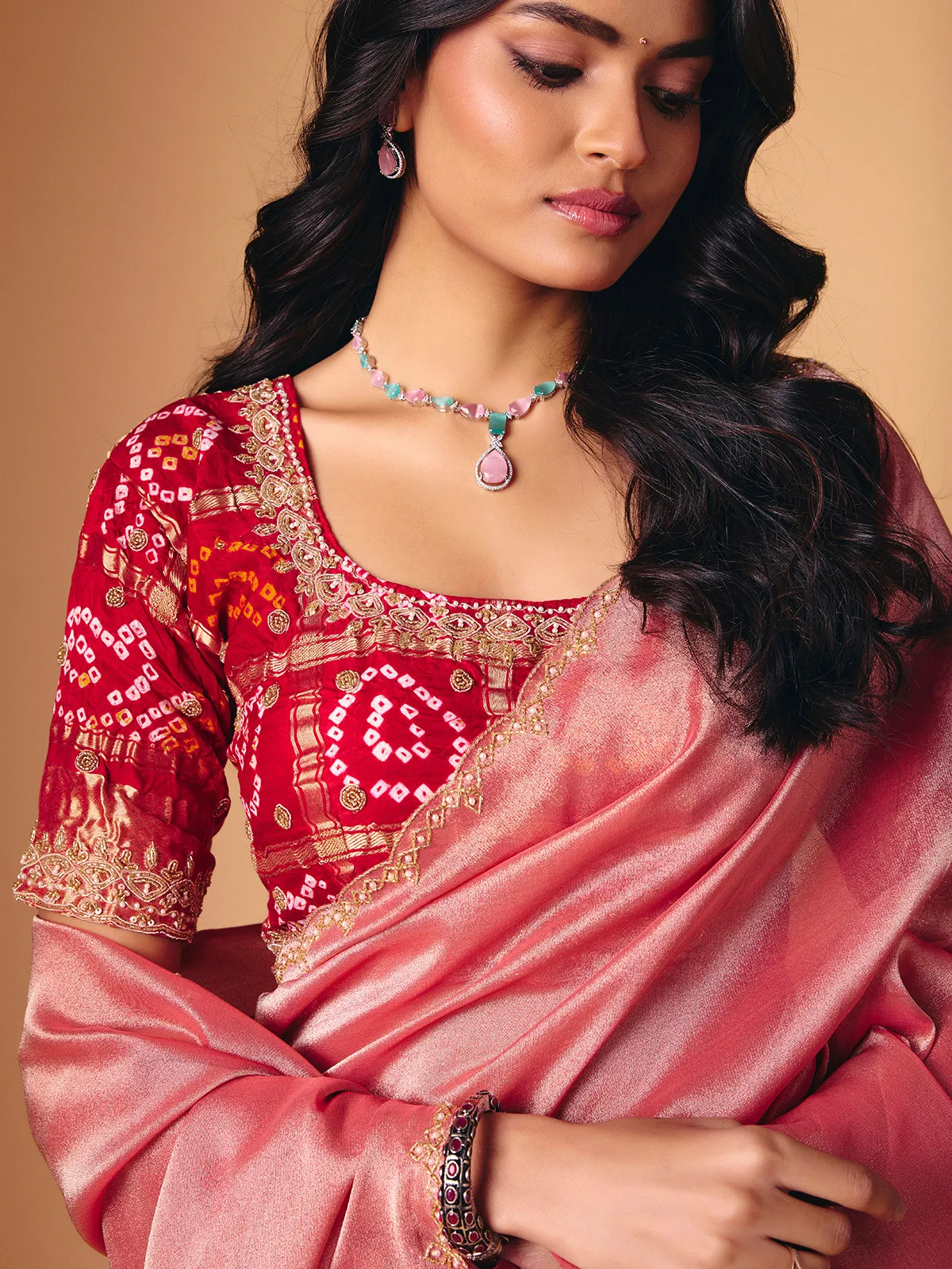 Onion pink tissue silk saree for festive wear