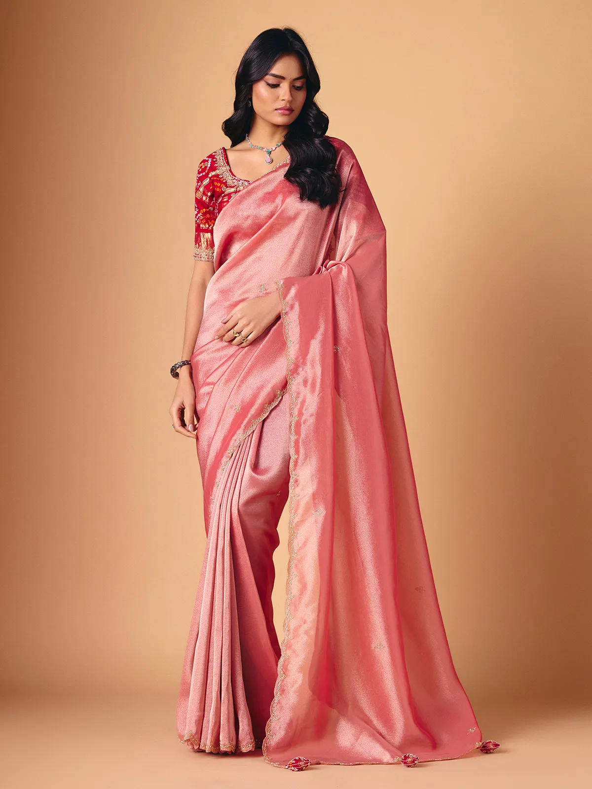 Onion pink tissue silk saree for festive wear