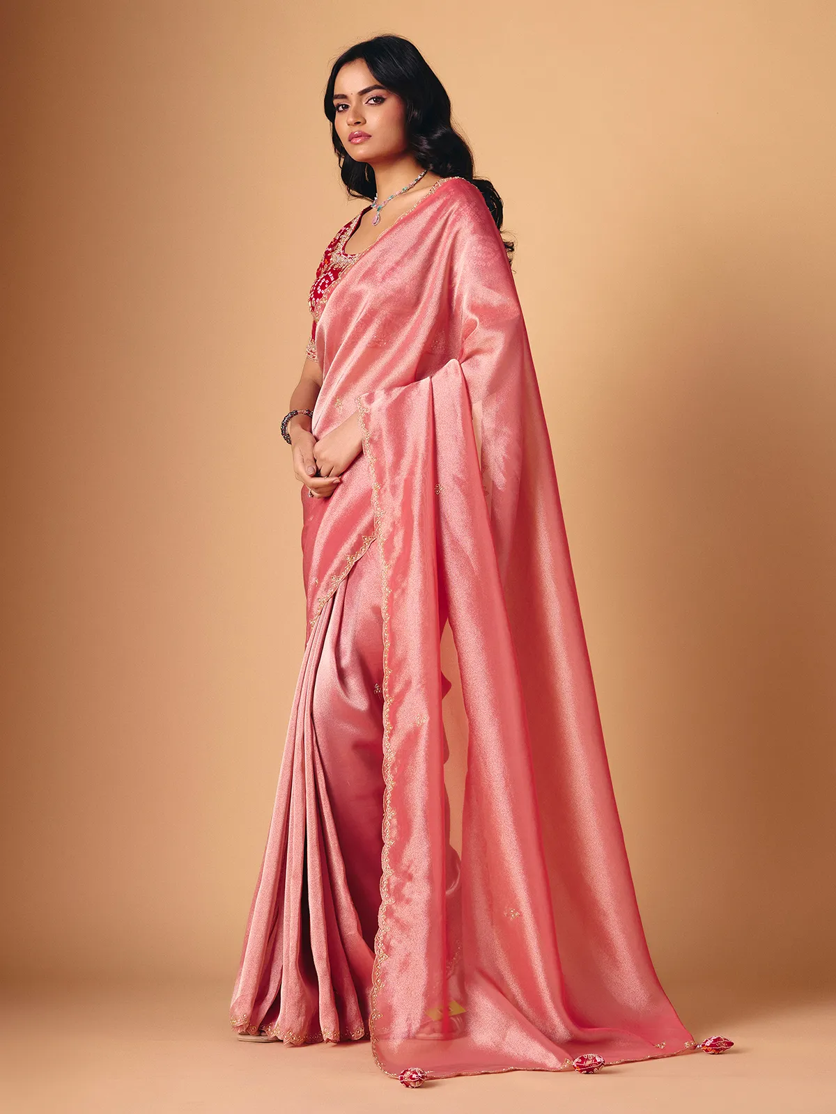 Onion pink tissue silk saree for festive wear