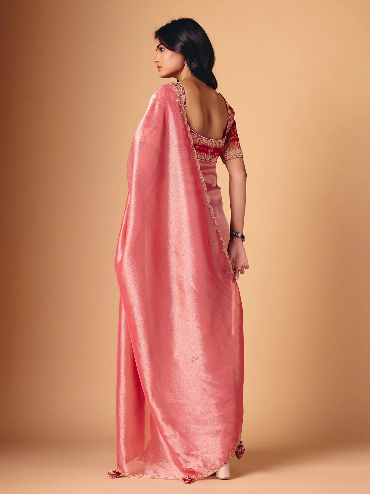 Onion pink tissue silk saree for festive wear
