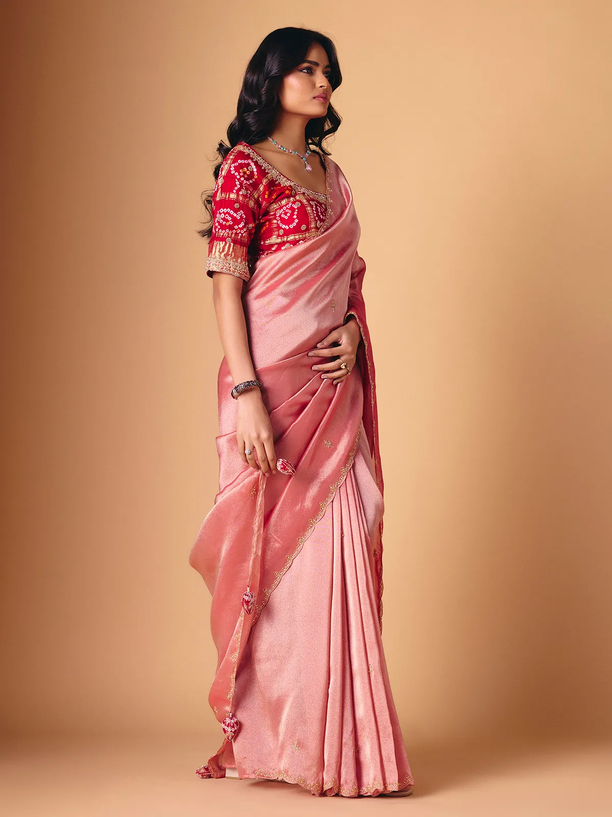 Onion pink tissue silk saree for festive wear