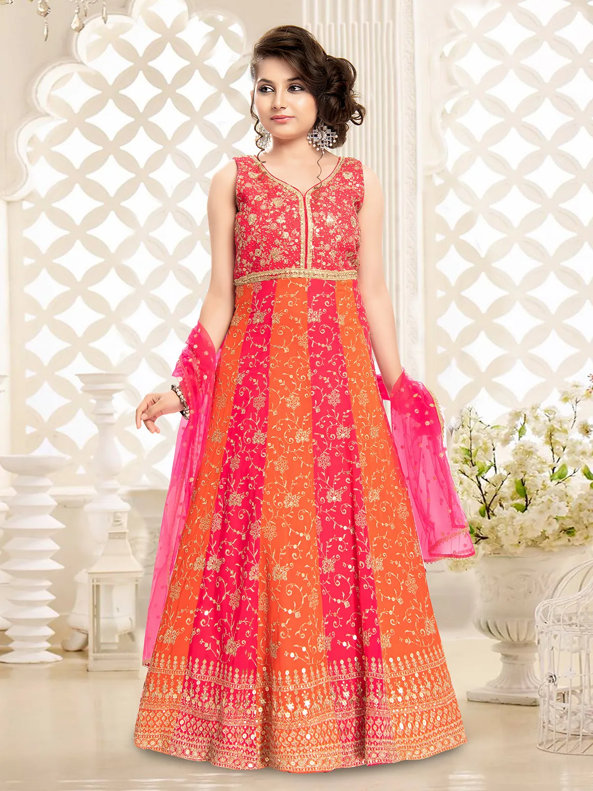 Orange and magenta floor length suit