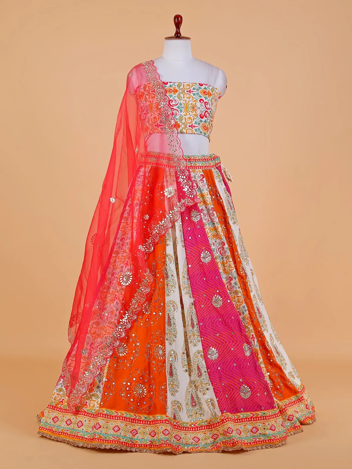 Orange and pink printed unstitched lehenga choli