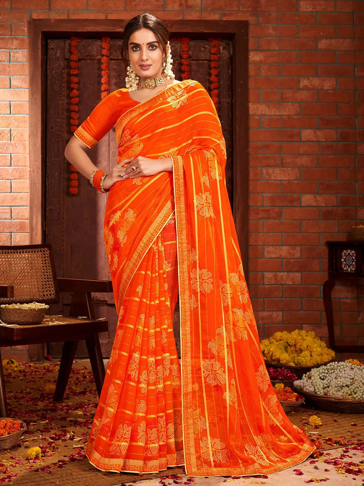 Orange bandhej printed georgette saree