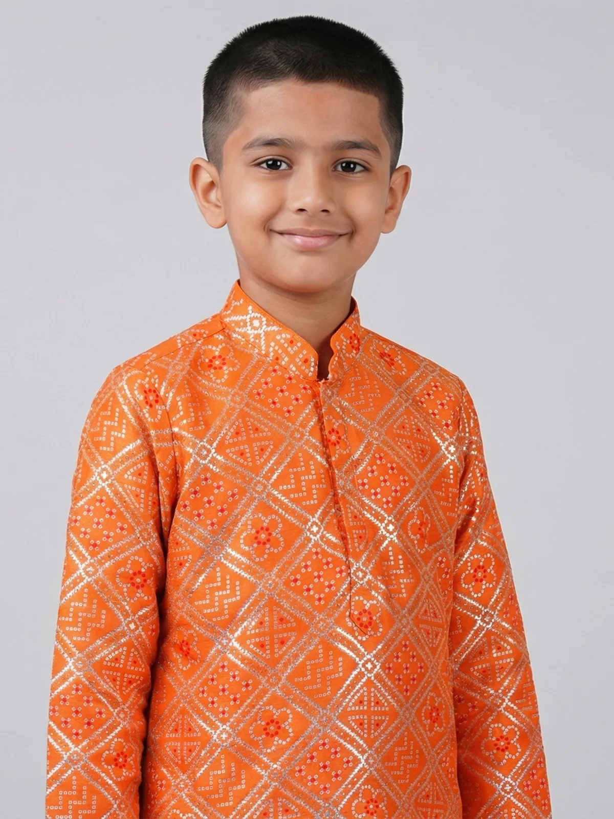 Orange bandhej printed zari work festive kurta suit