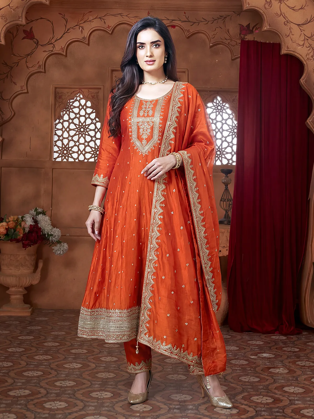 anarkali dress orange Orange Premium Designer Full Falir Anarkali Suit  Nari Poshak