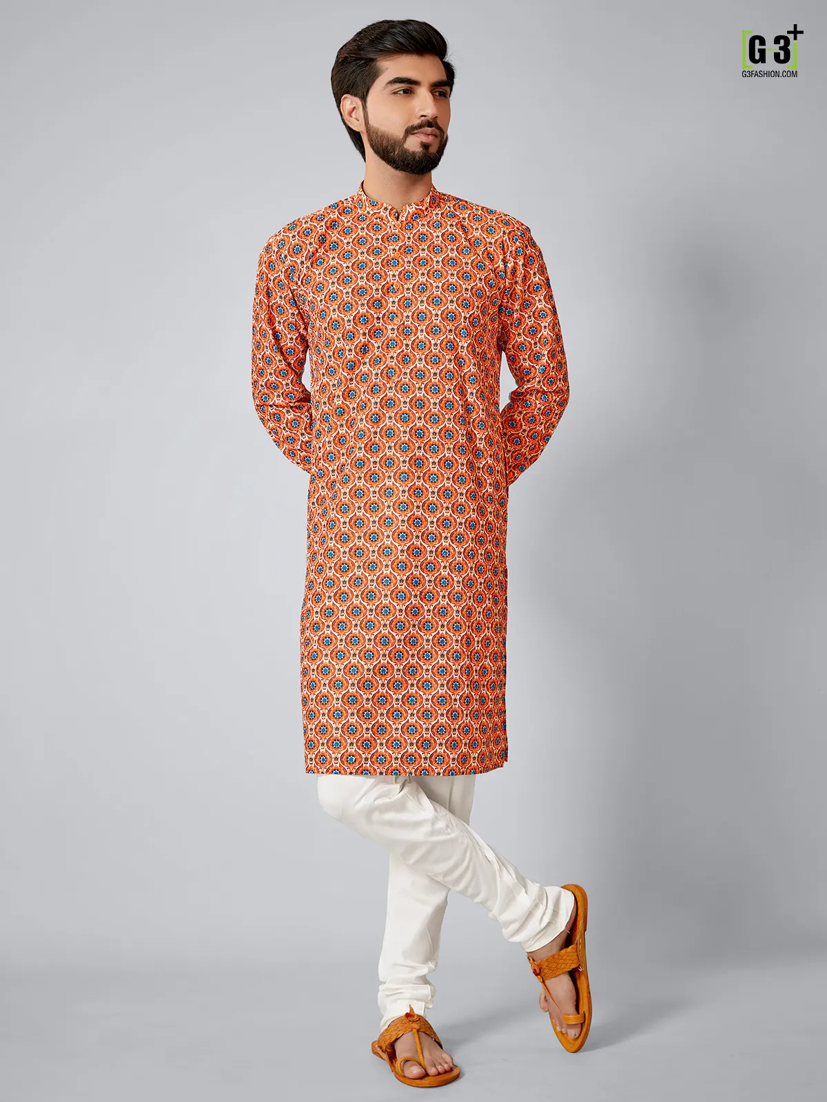 Orange cotton silk kurta set for festive events