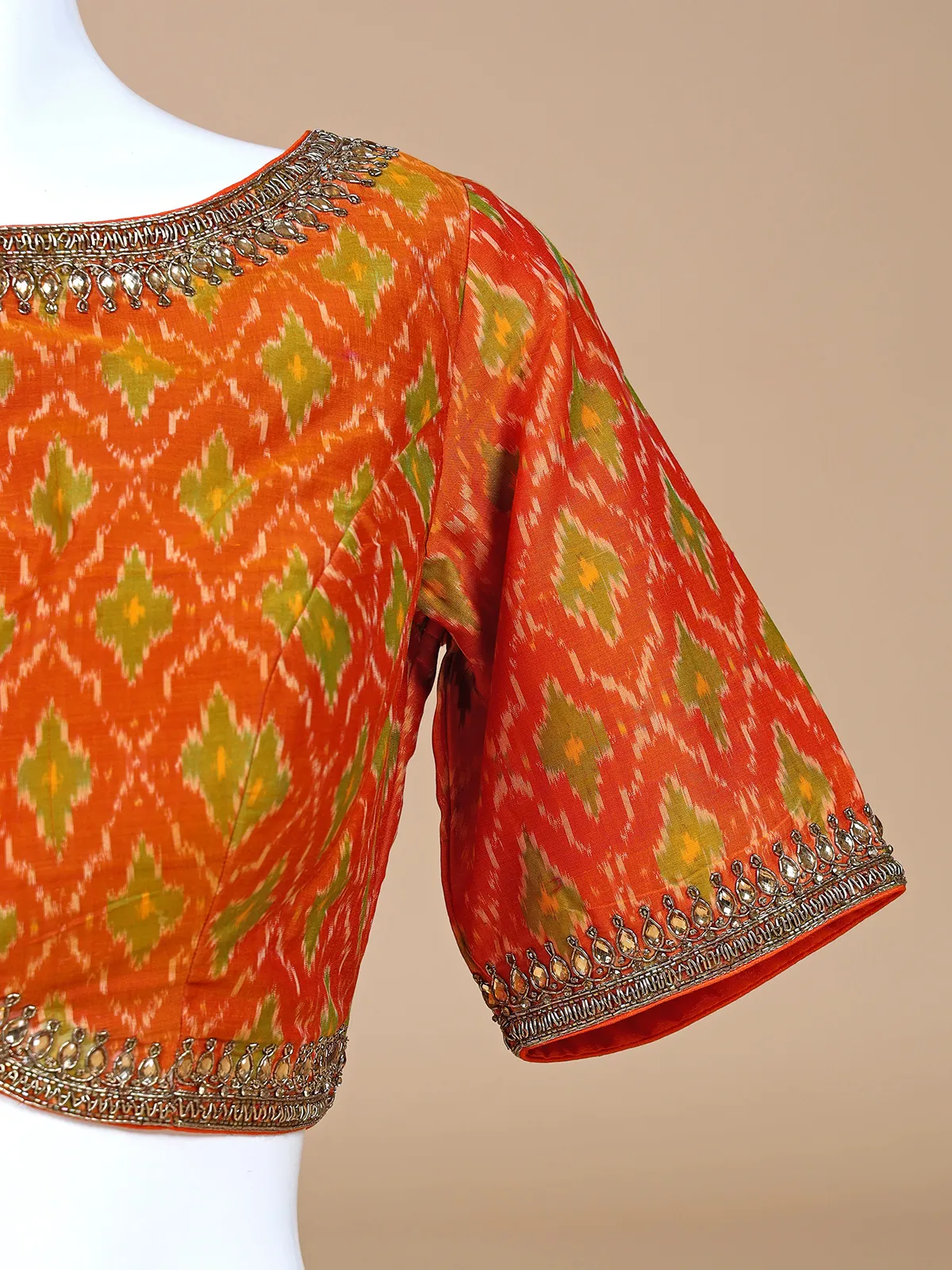 Orange cotton silk printed blouse