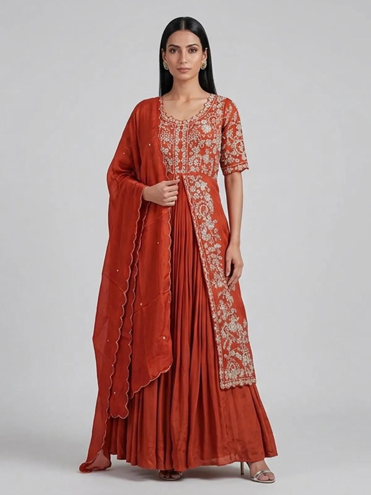 Orange crepe silk embellished designer anarkali suit
