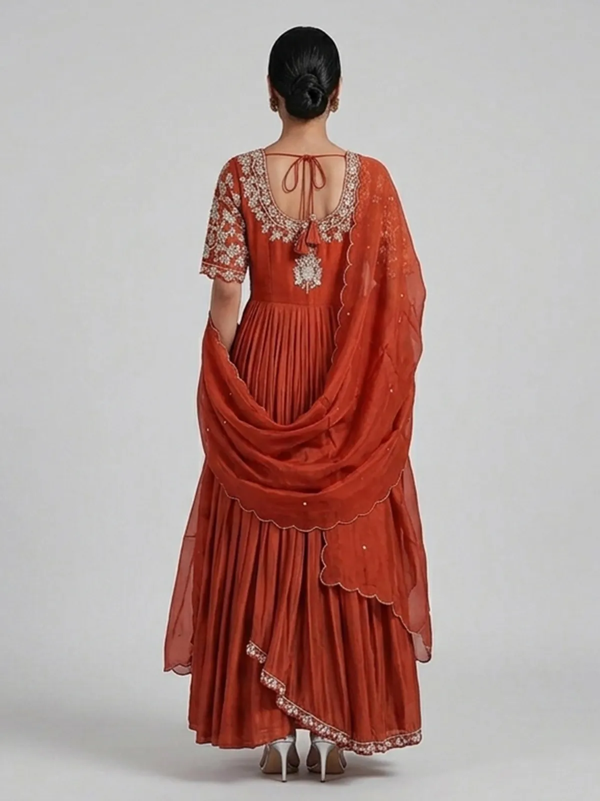 Orange crepe silk embellished designer anarkali suit