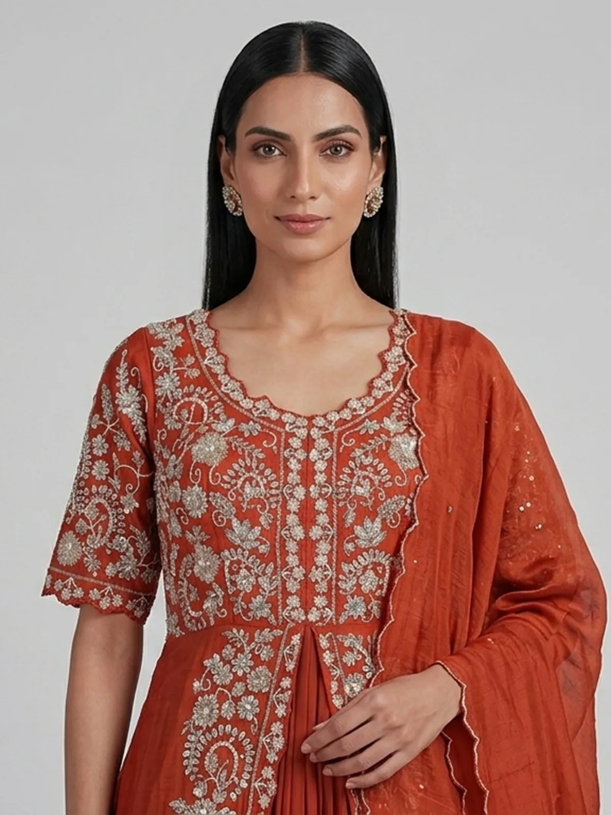 Orange crepe silk embellished designer anarkali suit
