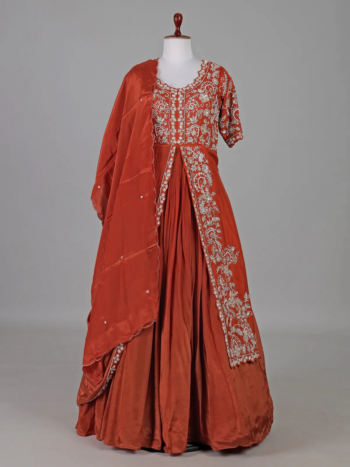 Orange crepe silk embellished designer anarkali suit