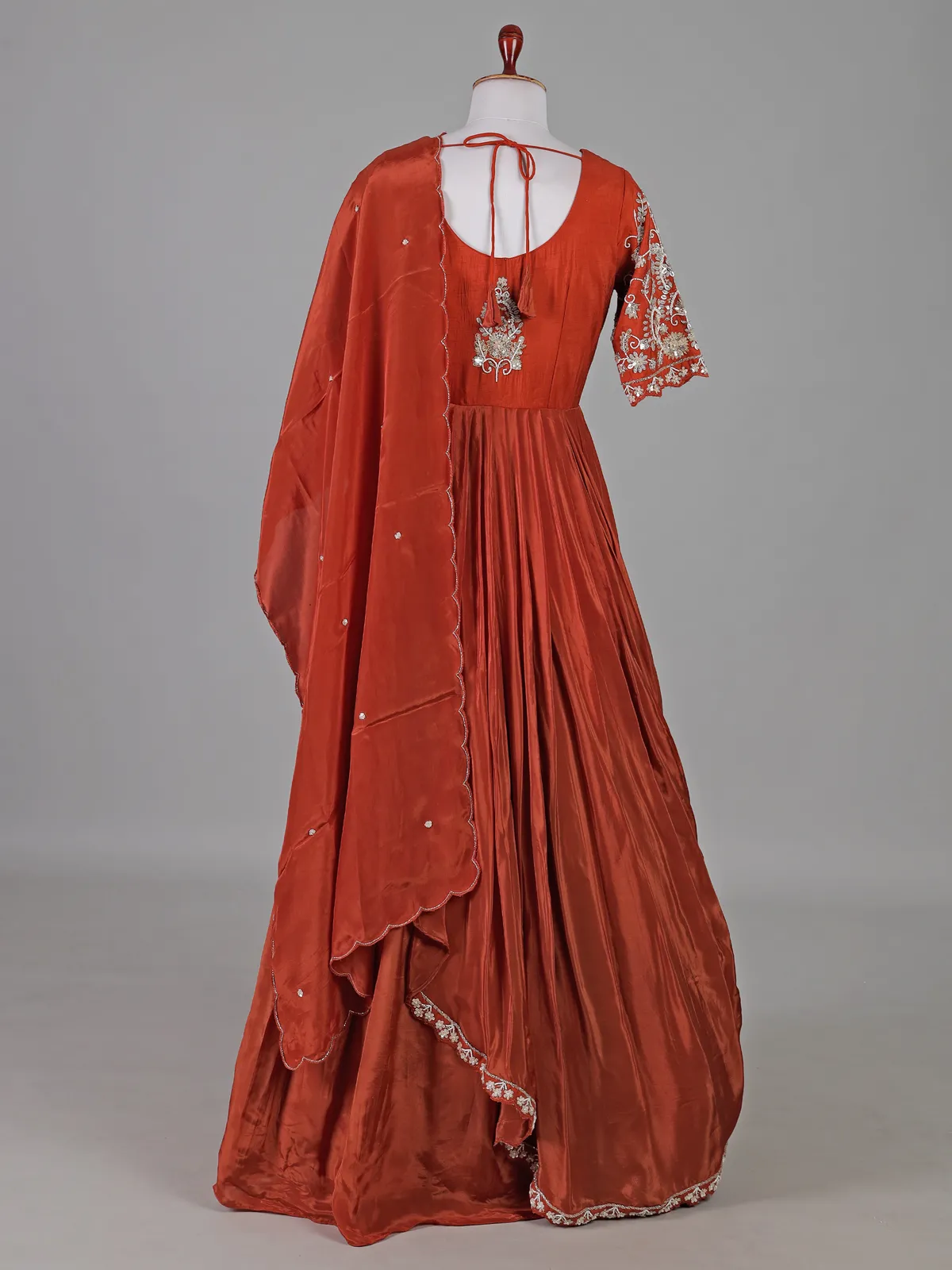 Orange crepe silk embellished designer anarkali suit