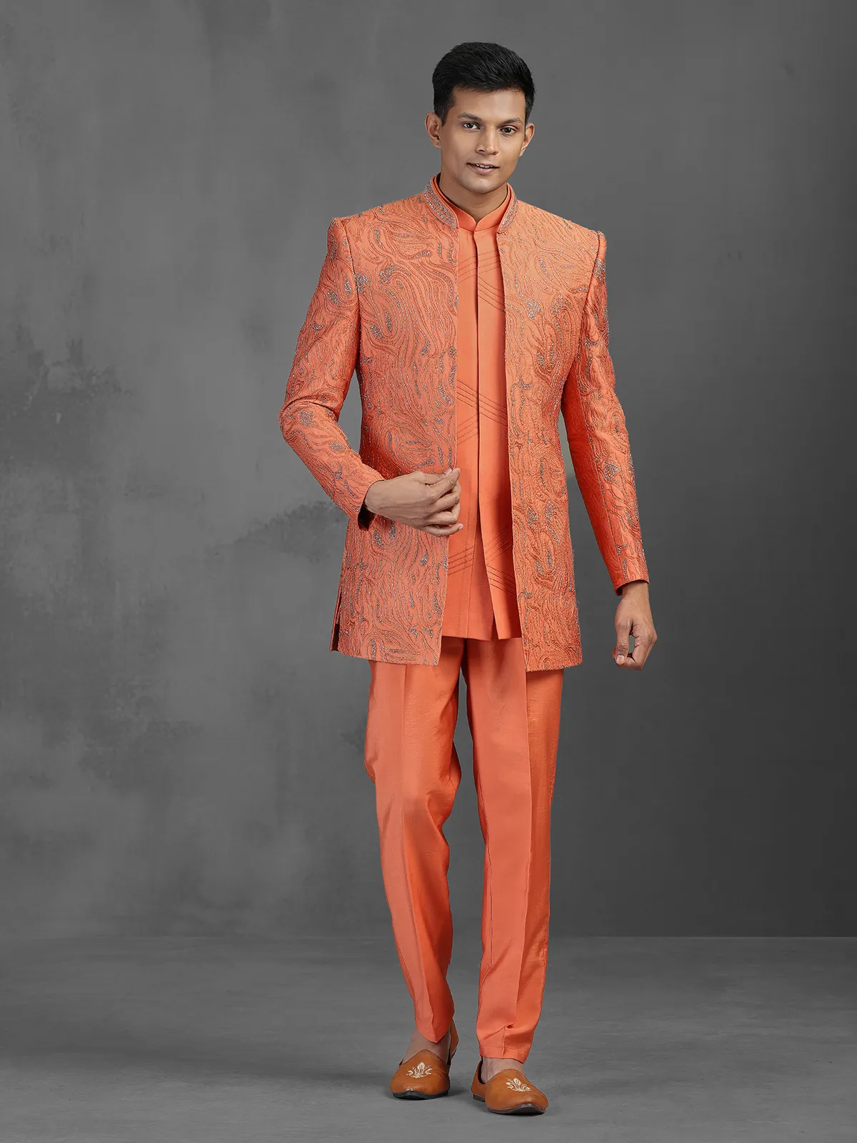 Orange cutdana worked silk Indowestern set