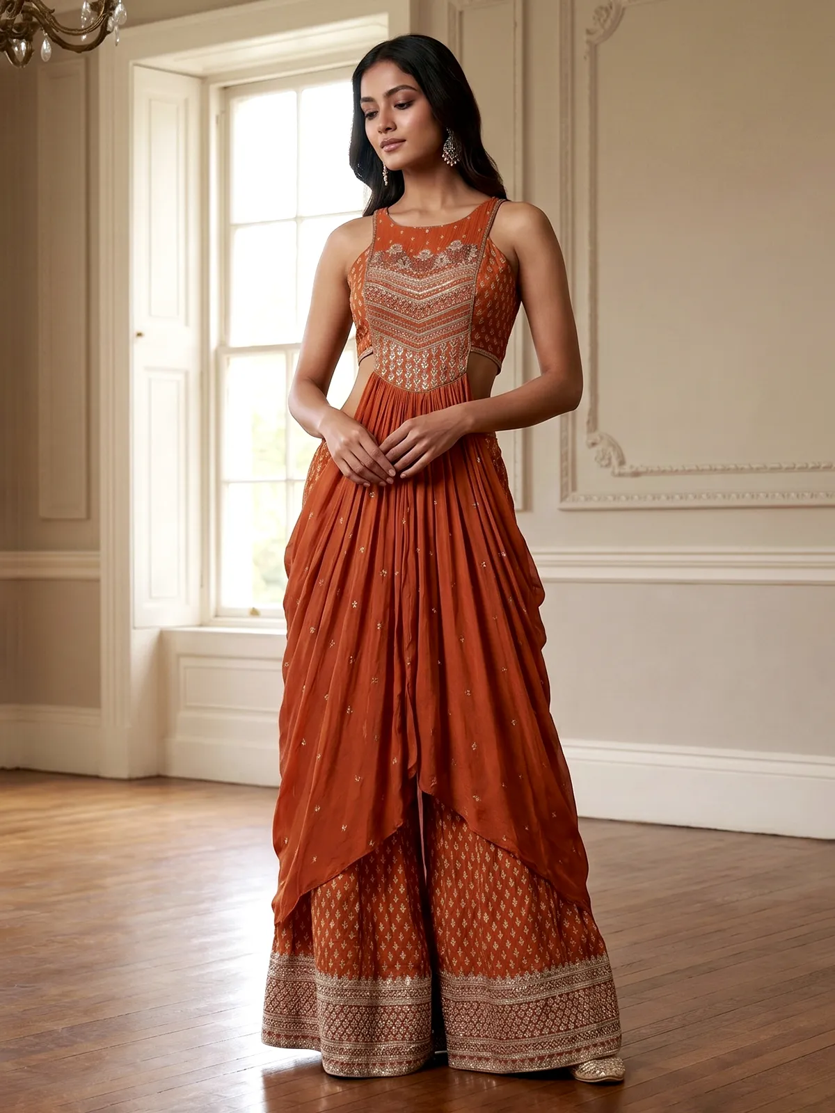 orange indo western dress for women Bright Orange Georgette Printed Indowestern Sets and Suits