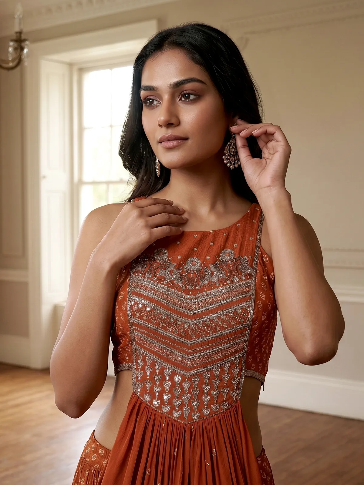 indo western orange dress Orange Color Ready To Wear Indo Western in Chinon With Heavy Embroidery Work