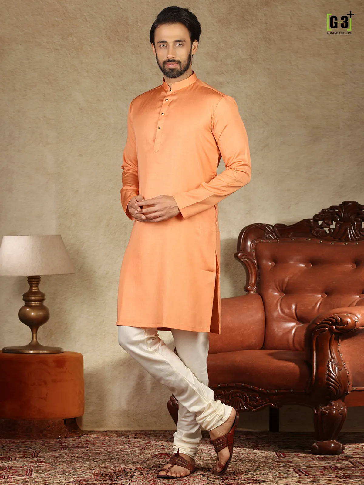 Peach hue solid cotton fabric kurta suit