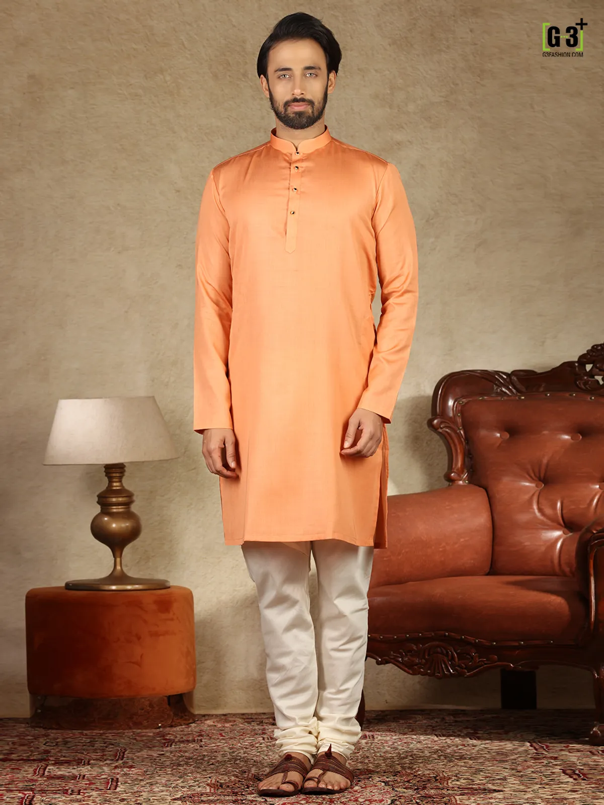 Peach hue solid cotton fabric  Men Kurta pajama