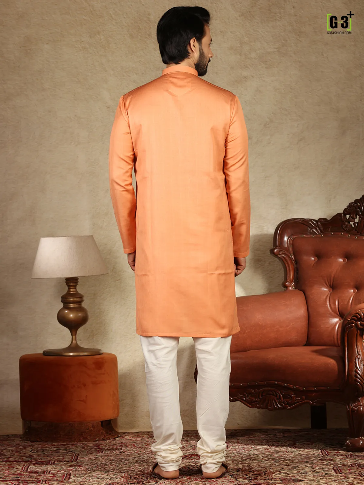 Peach hue solid cotton fabric  Men Kurta pajama