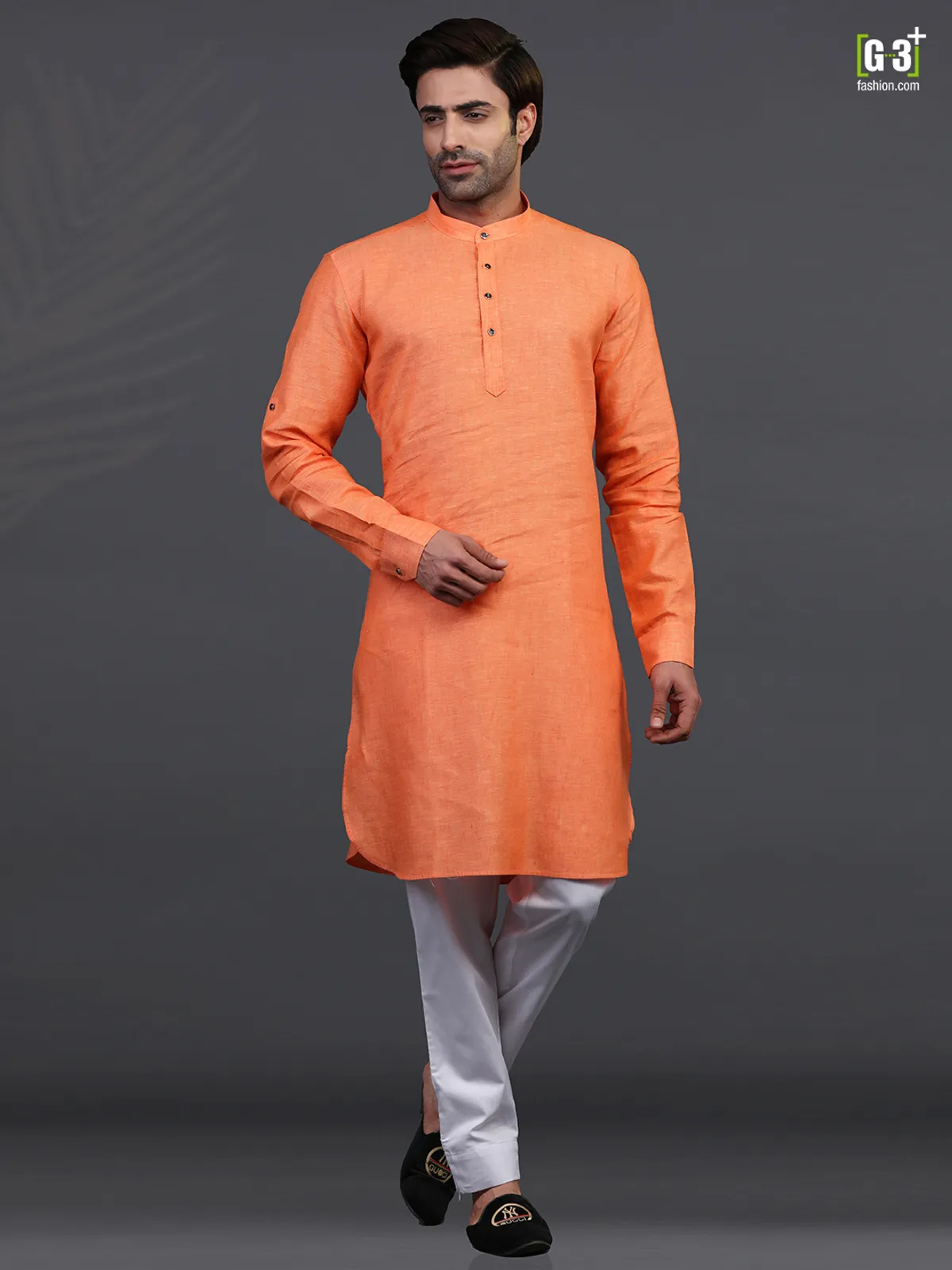 orange linen festive wear kurta suit