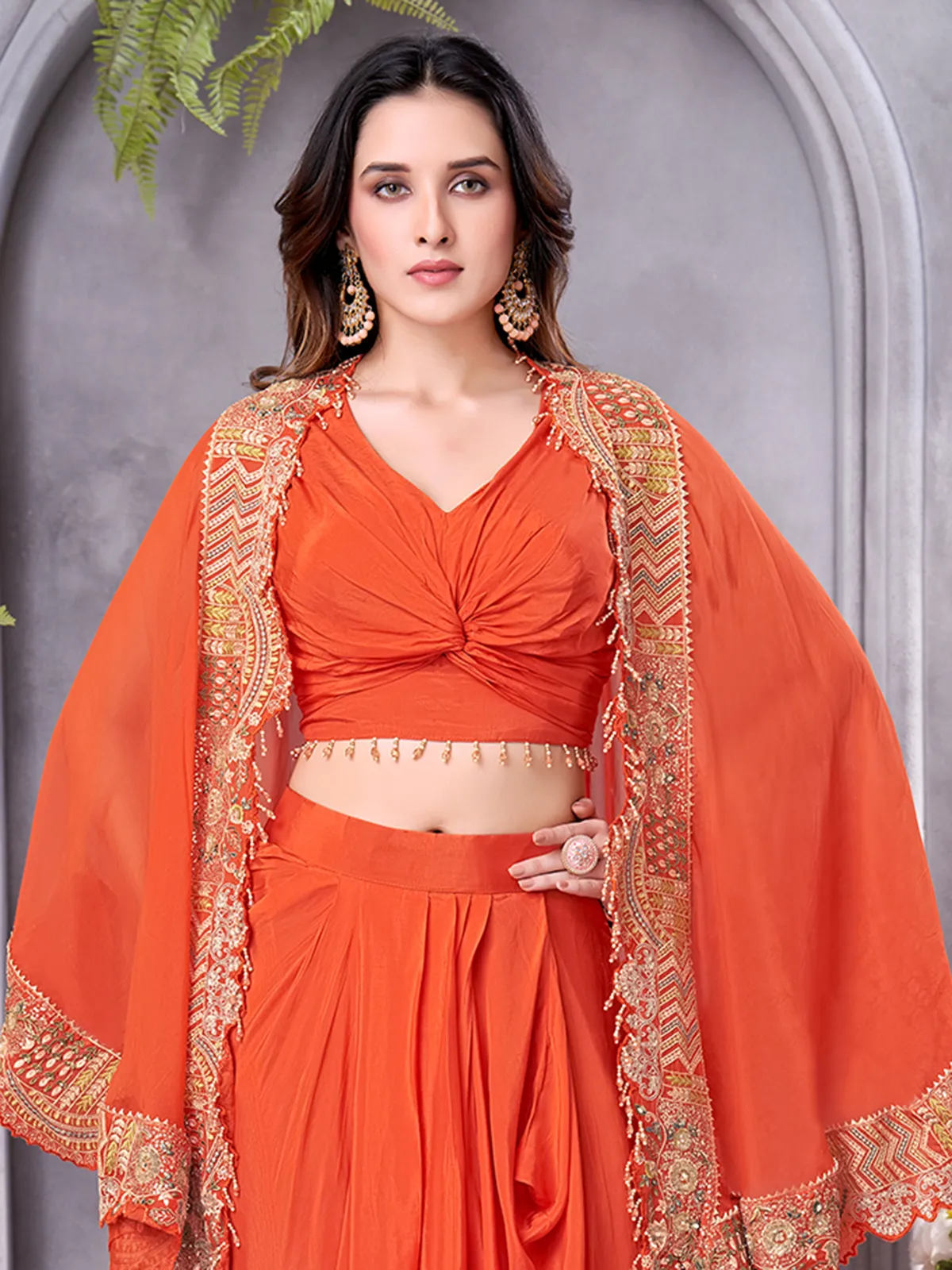 Orange party wear crepe silk indowestern suit