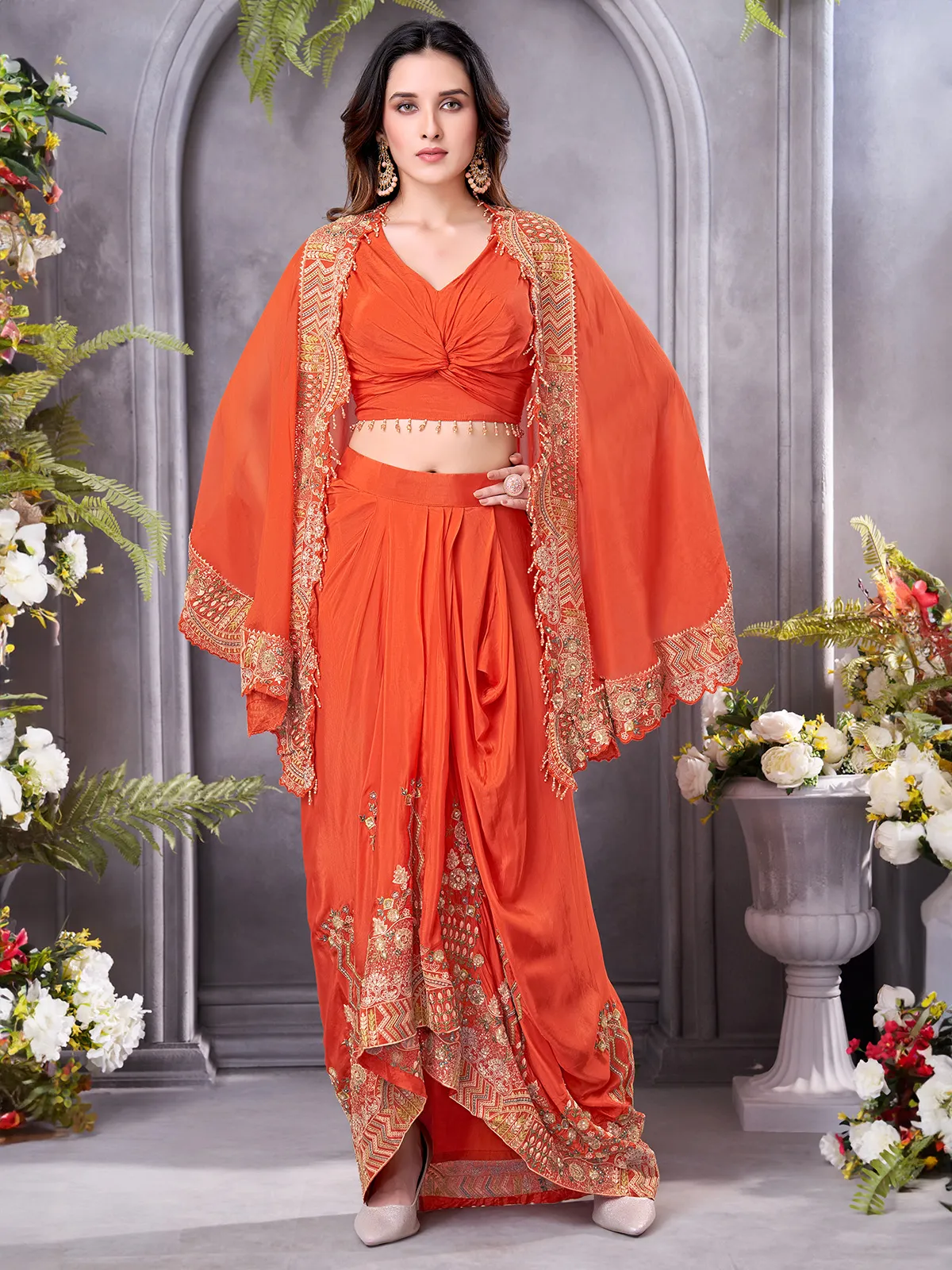 Orange party wear crepe silk indowestern suit