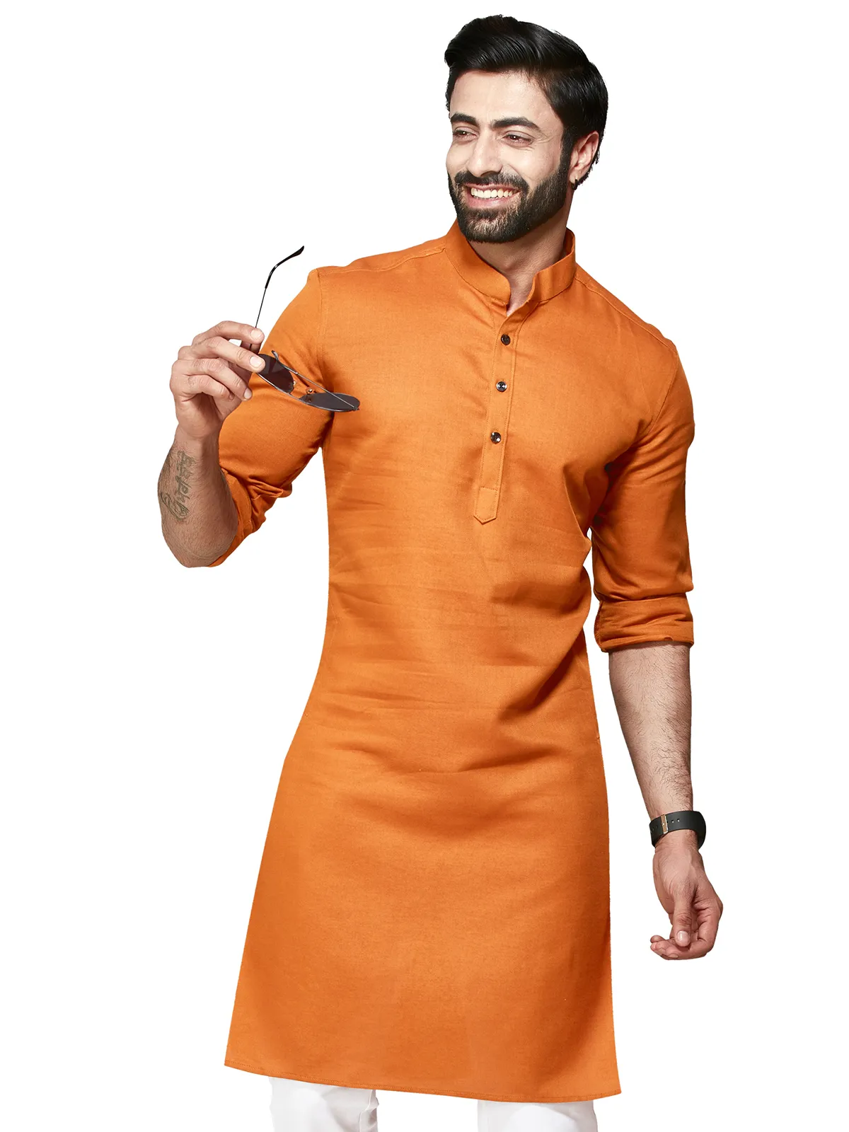 Orange plain cotton kurta suit for men