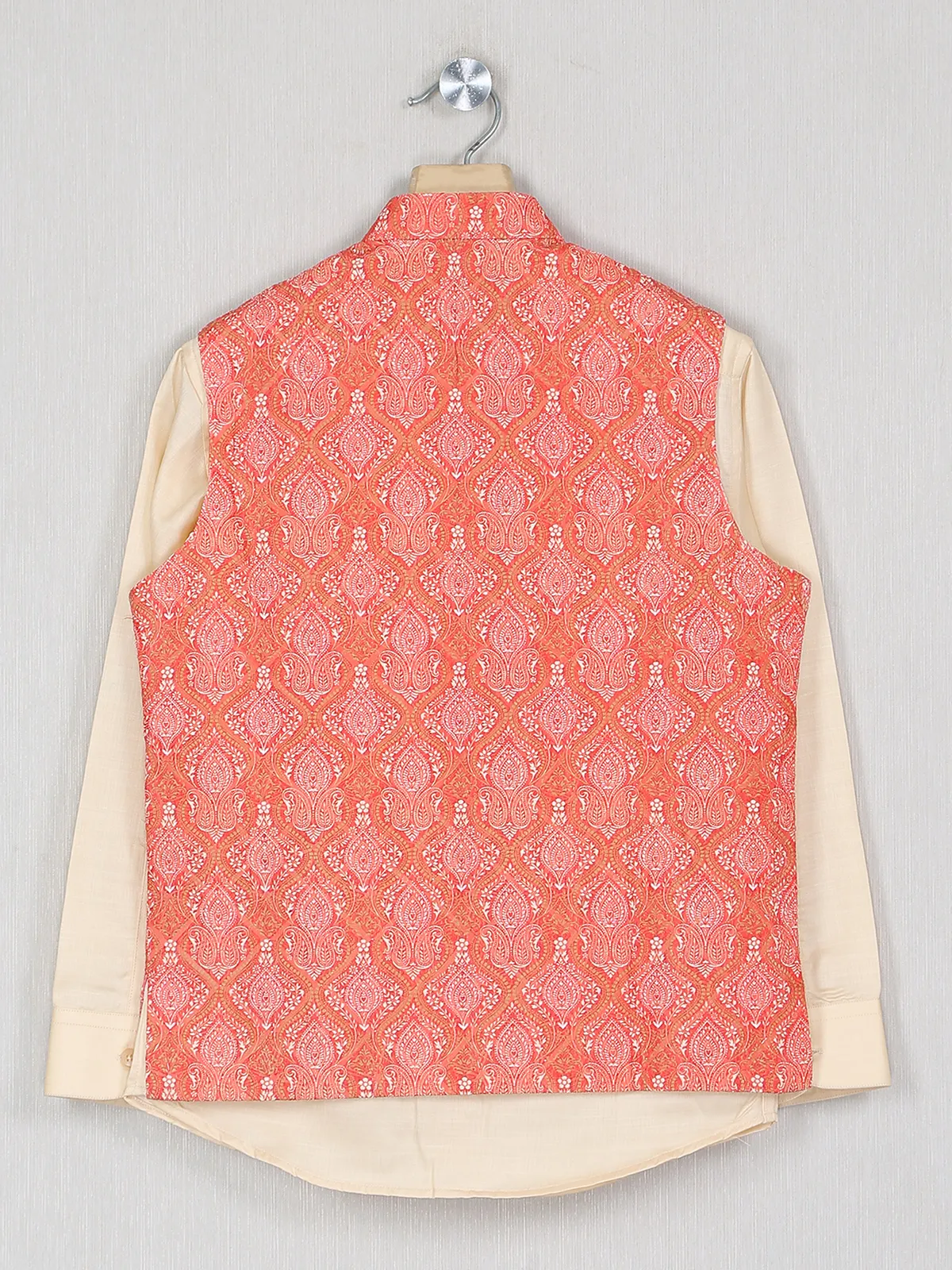 Orange printed boys waistcoat with shirt in cotton silk