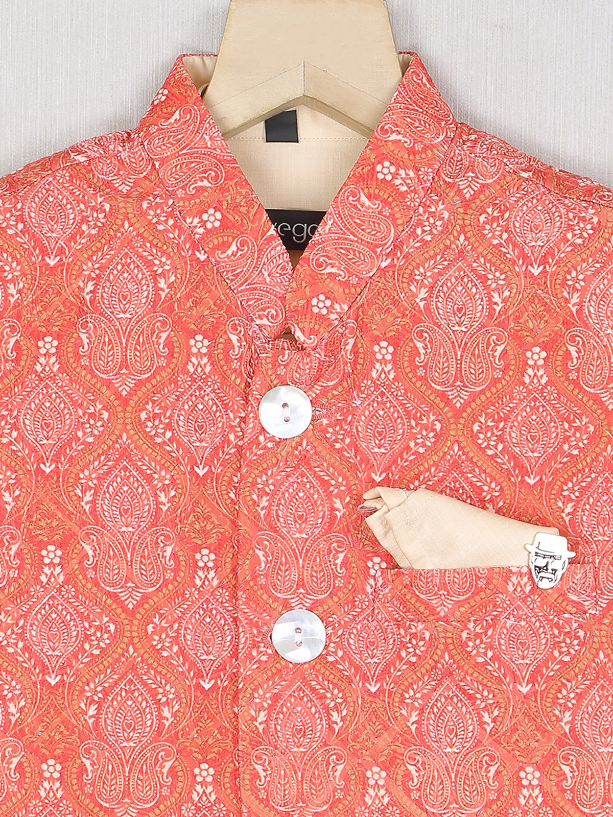 Orange printed boys waistcoat with shirt in cotton silk
