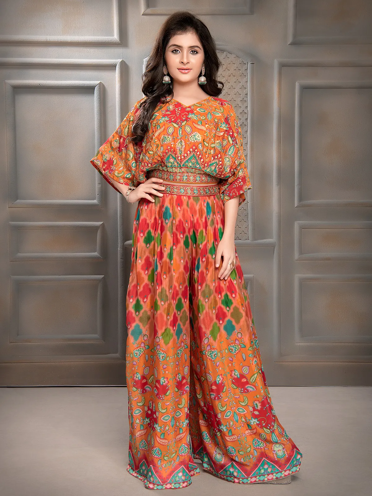 Orange printed crop top style palazzo suit