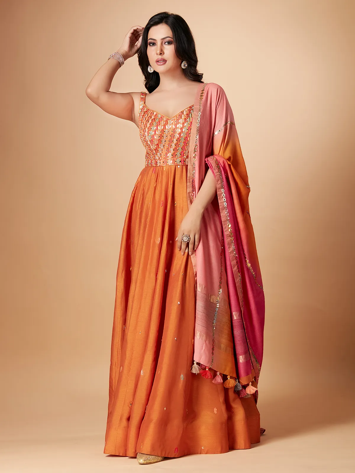 Orange raw silk floor length anarkali suit