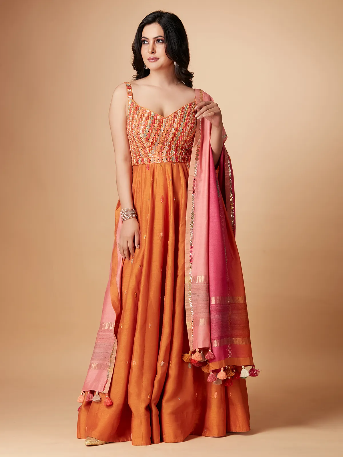 Orange raw silk floor length anarkali suit