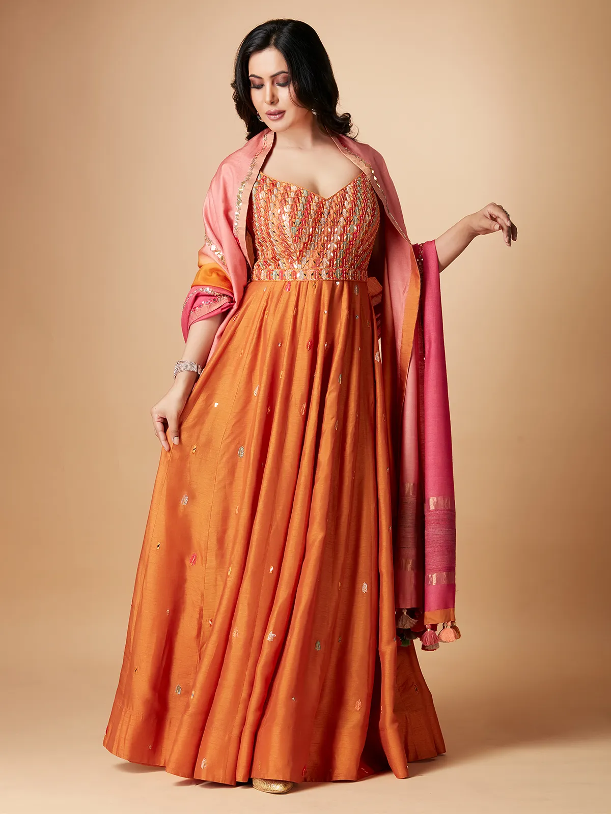 Orange raw silk floor length anarkali suit