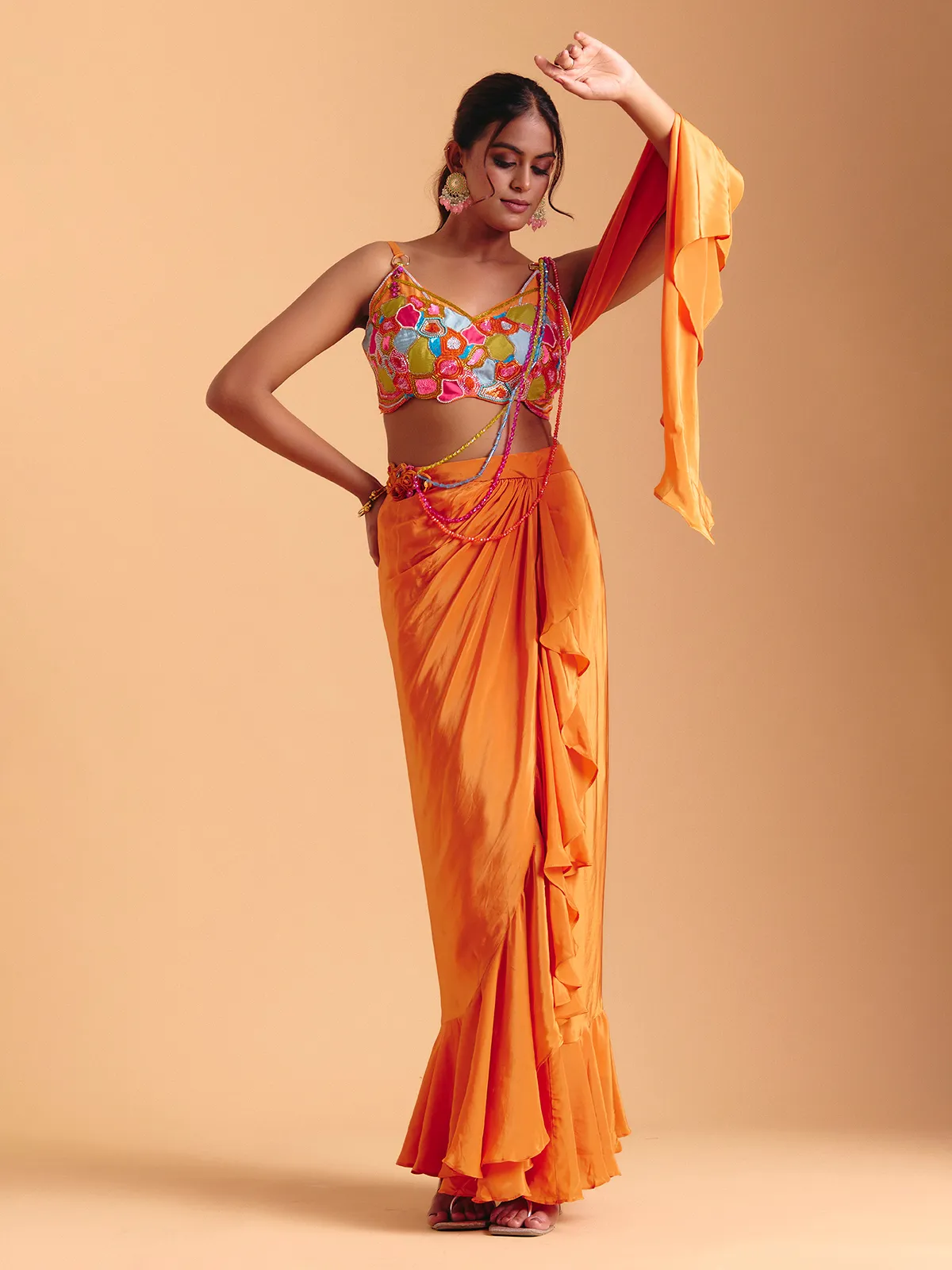 Orange satin silk indowestern suit with attached dupatta