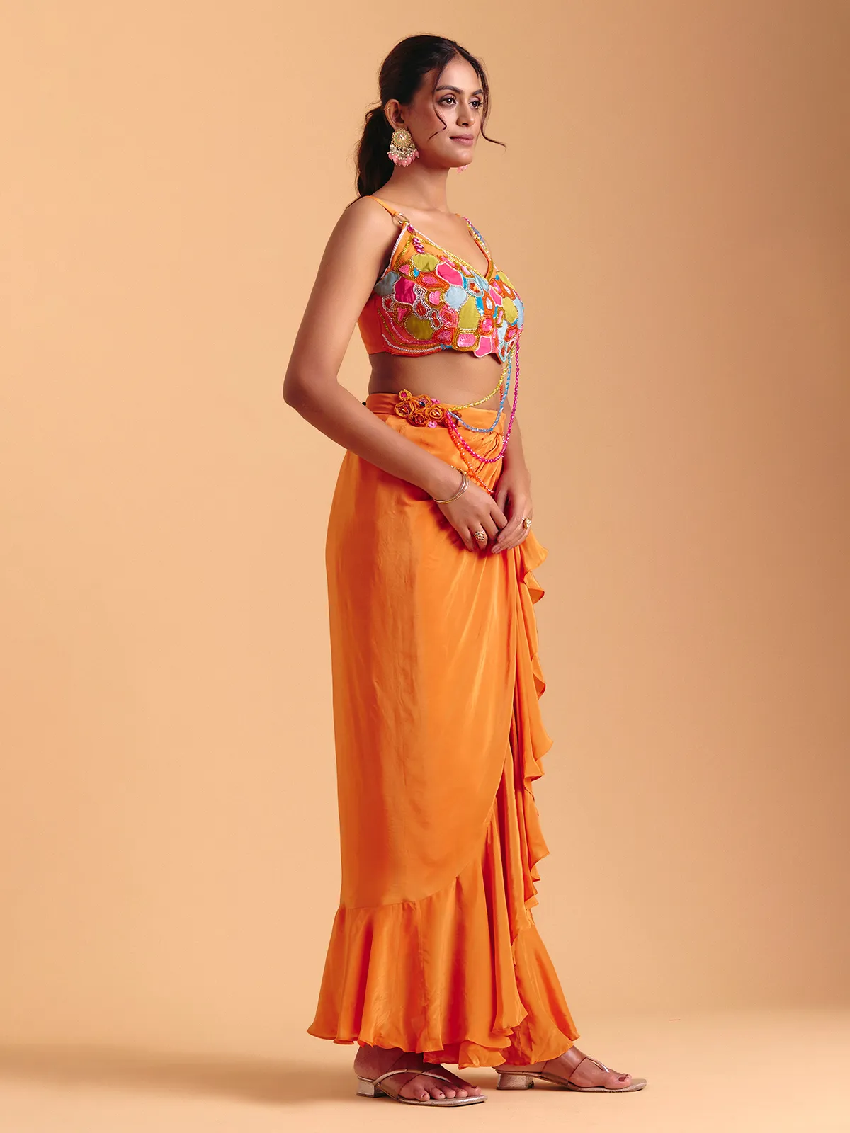 Orange satin silk indowestern suit with attached dupatta