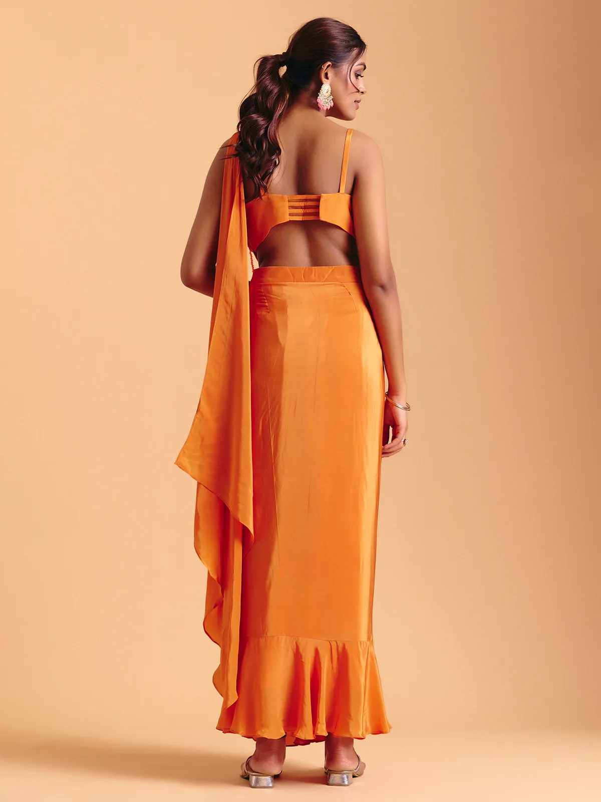Orange satin silk indowestern suit with attached dupatta
