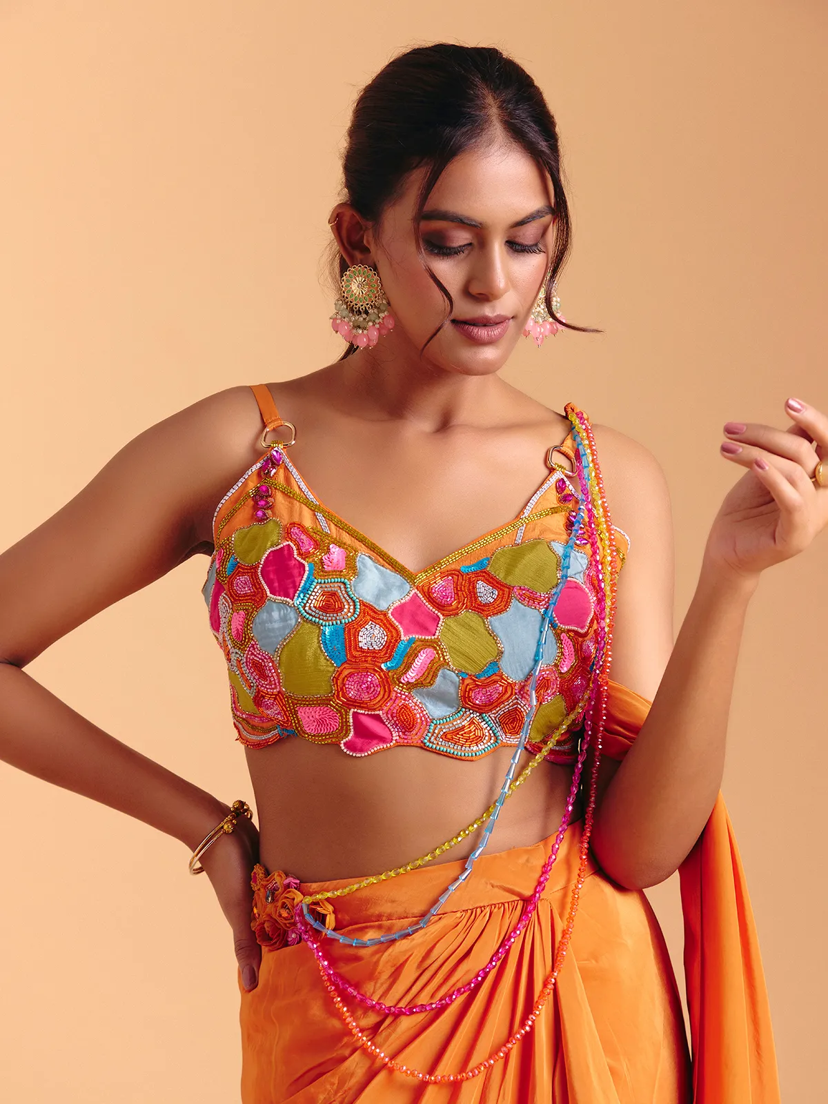 Orange satin silk indowestern suit with attached dupatta