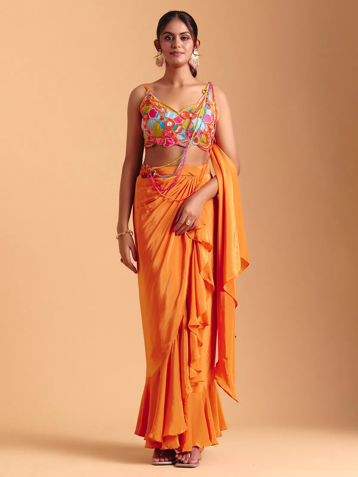 Orange satin silk indowestern suit with attached dupatta