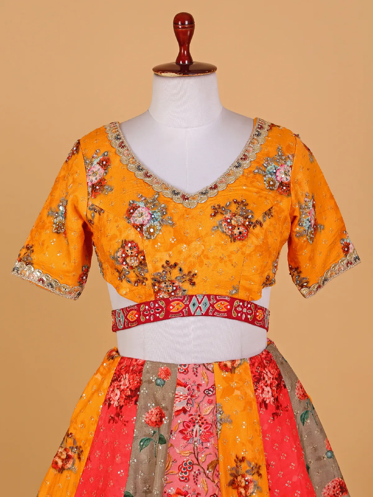 Orange silk floral print lehenga choli