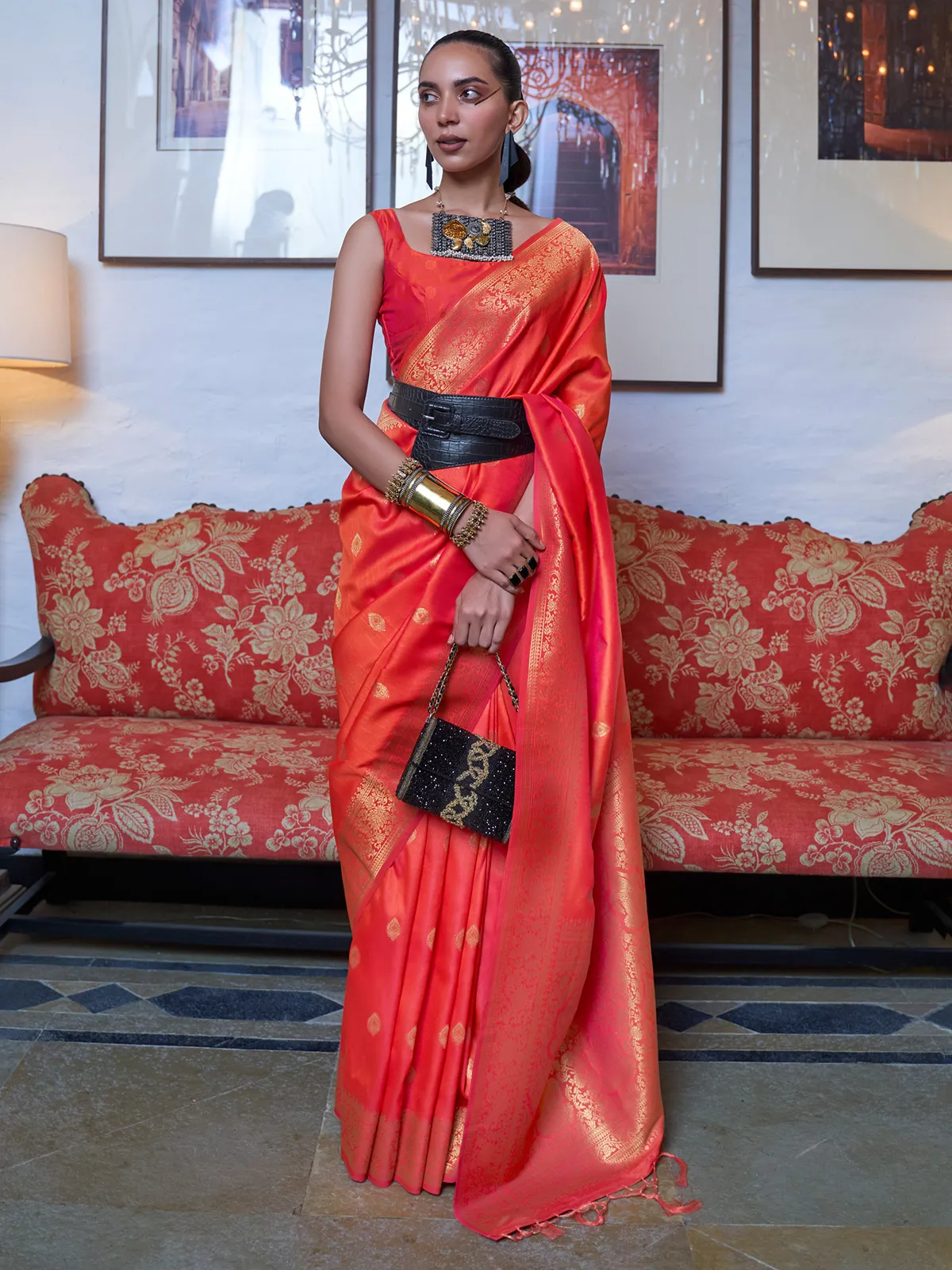 Orange silk saree with zari weaving