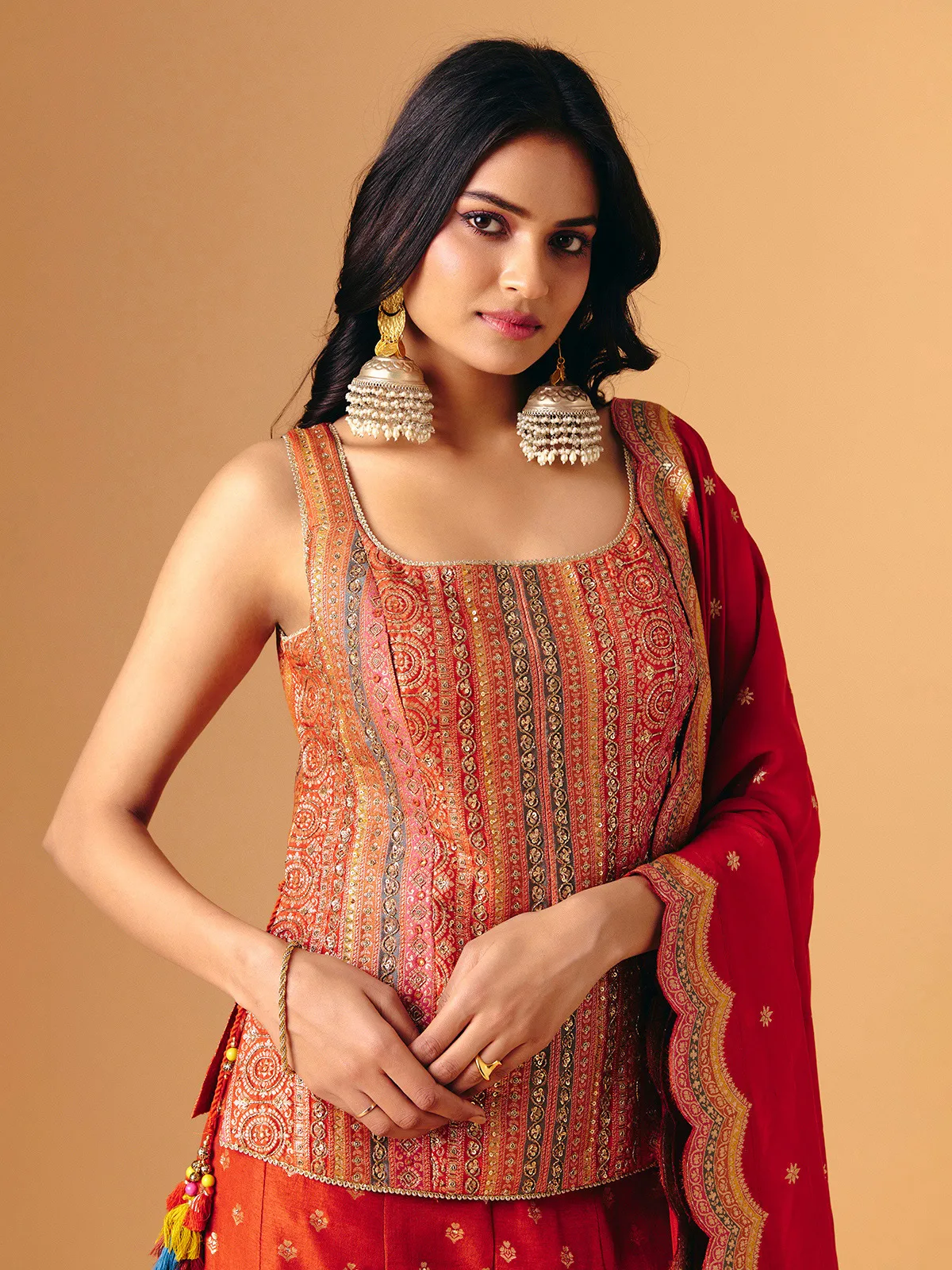 Orange silk square neck sleeveless palazzo suit