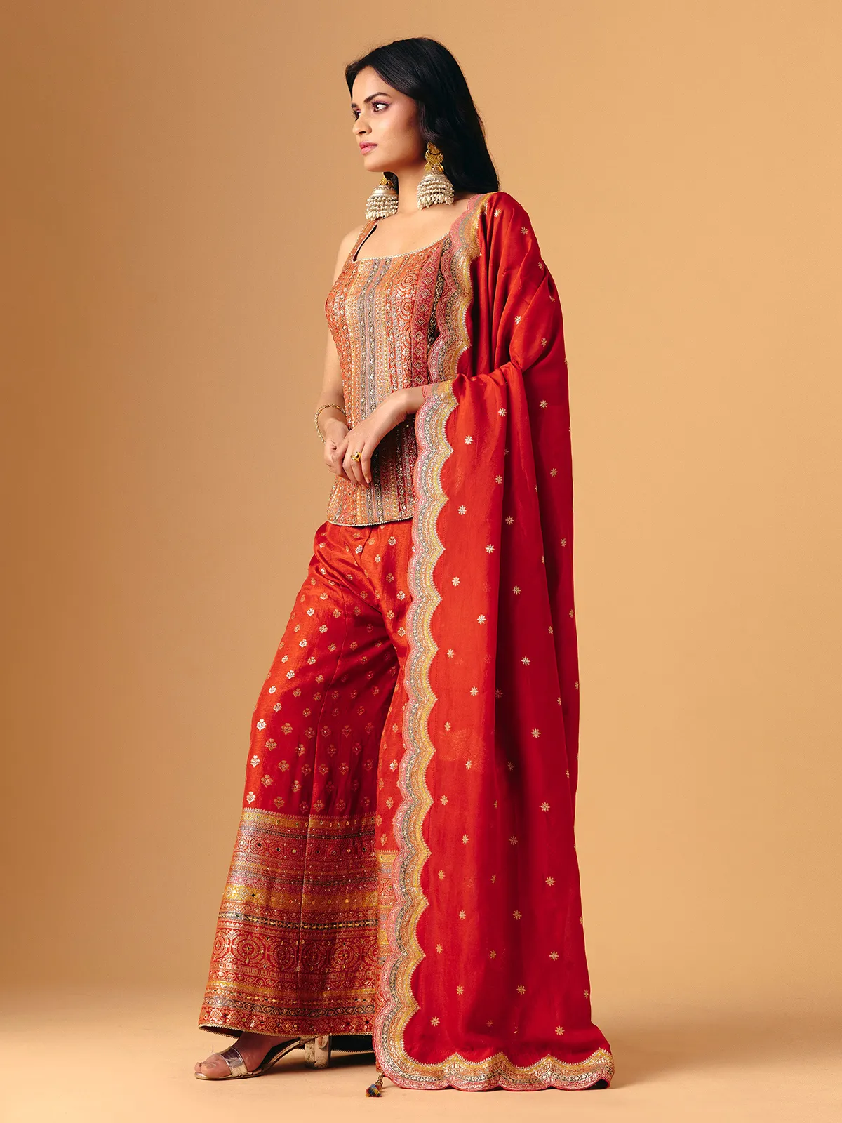 Orange silk square neck sleeveless palazzo suit
