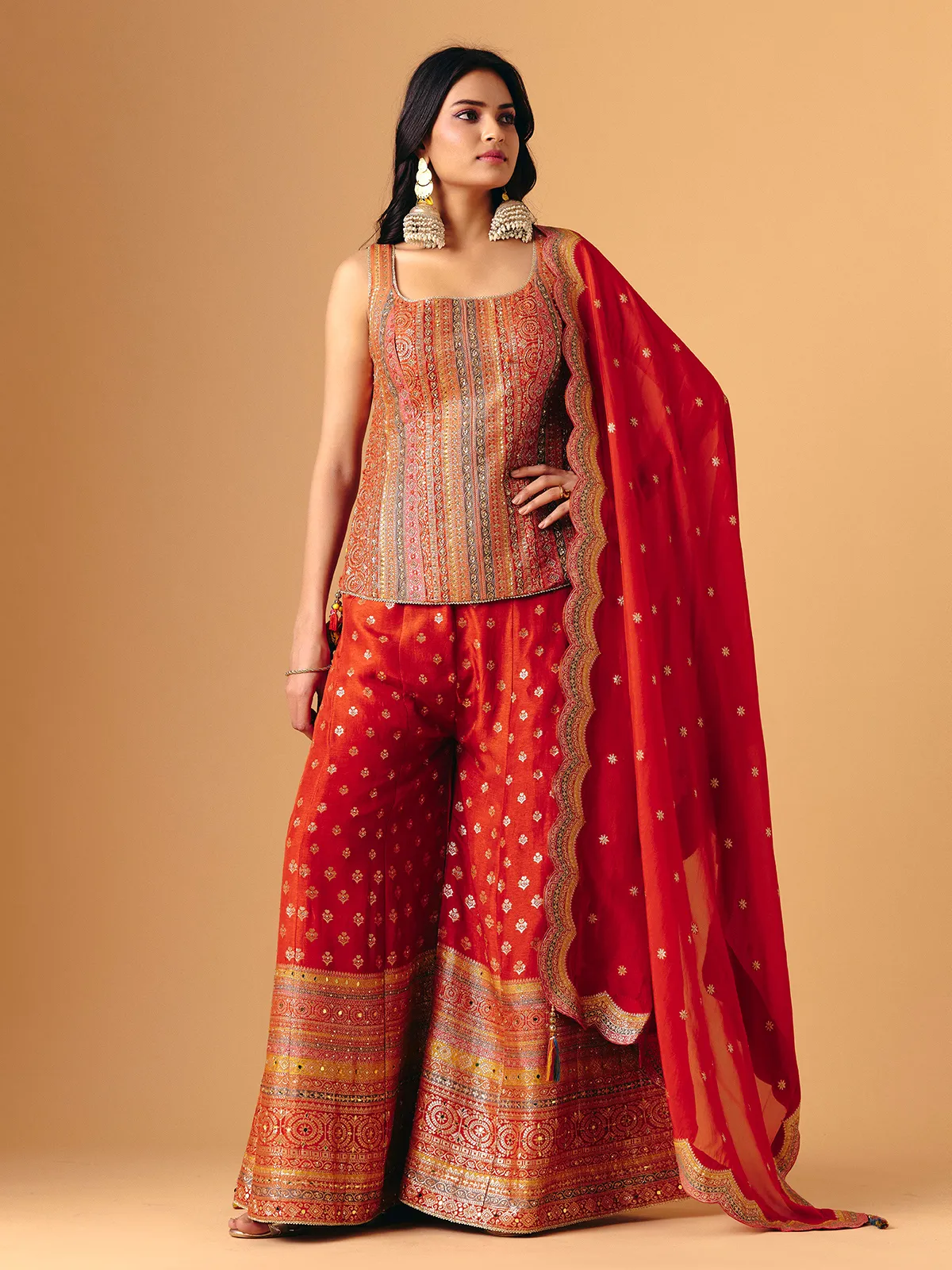 Orange silk square neck sleeveless palazzo suit