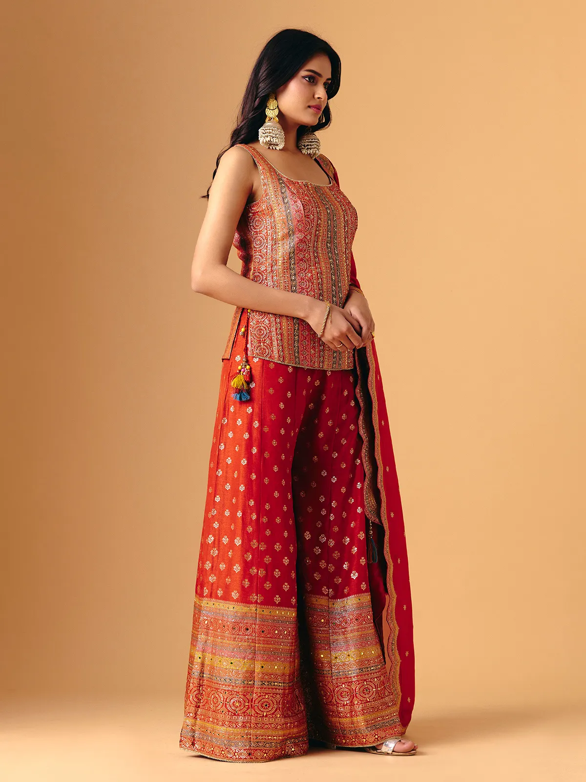Orange silk square neck sleeveless palazzo suit