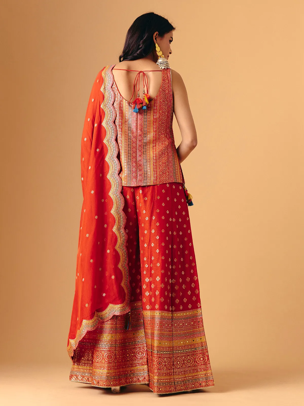 Orange silk square neck sleeveless palazzo suit