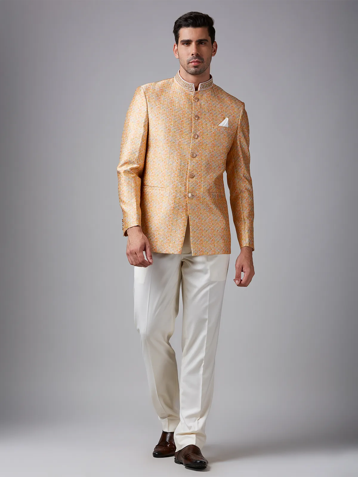 Orange silk texture jodhpuri suit