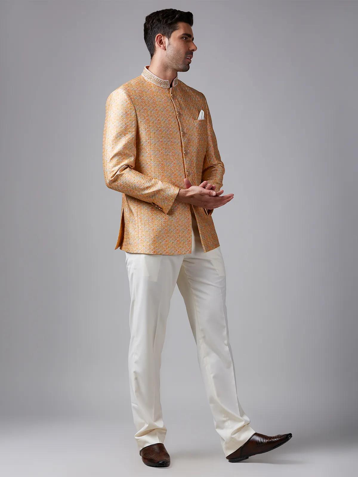 Orange silk texture jodhpuri suit